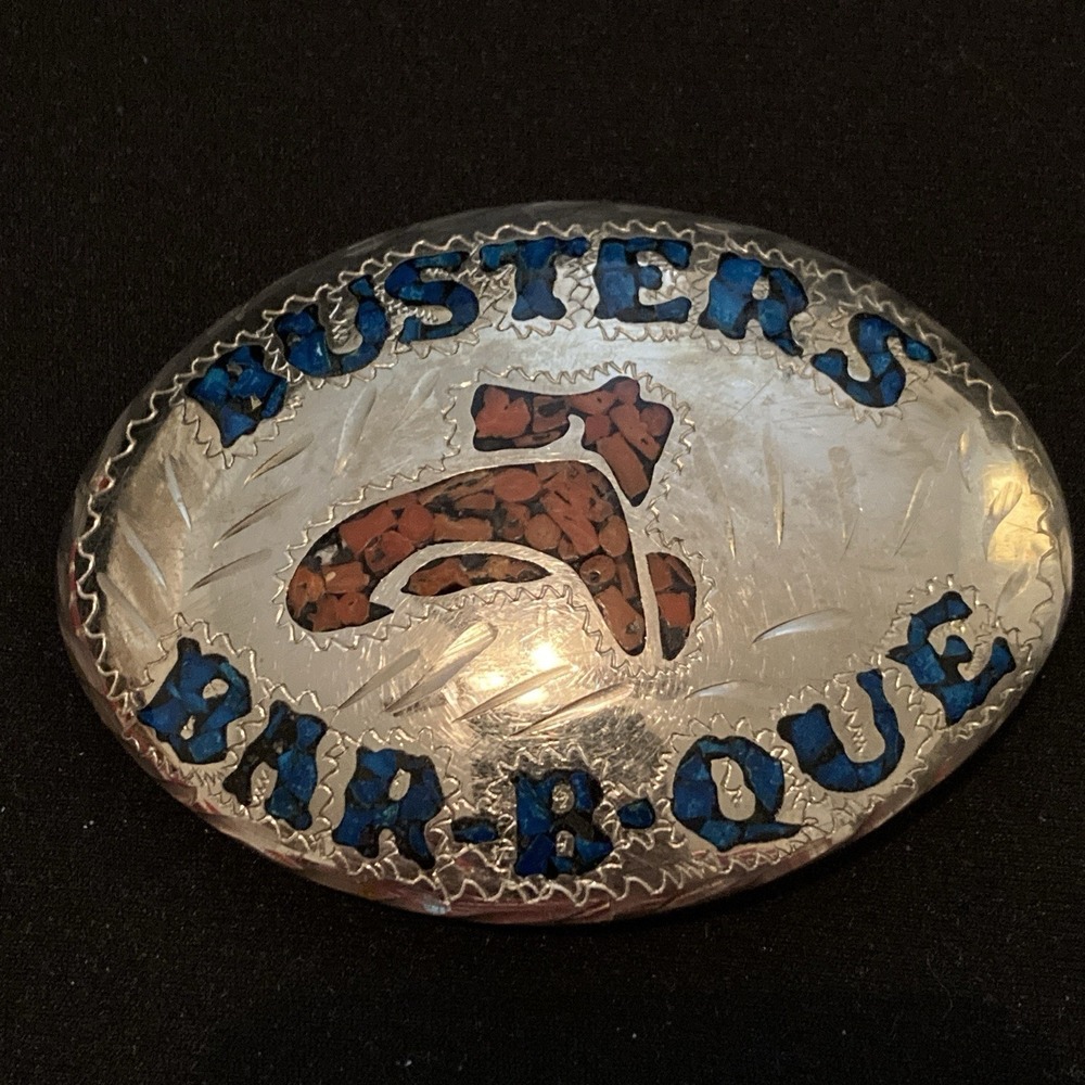 Vintage Belt Buckle, "Busters Barb-b-que"Turquoise , Coral Inlay , 3.5x2.5,Color